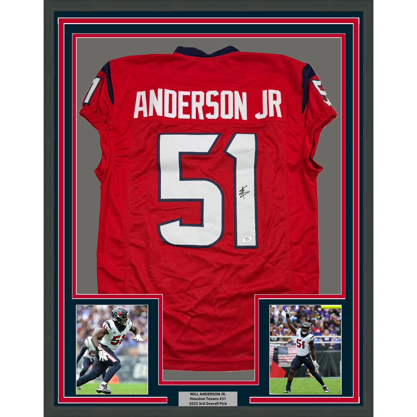 Framed Autographed/Signed Will Anderson Jr. 35x39 Houston Red Football Jersey PSA/DNA COA