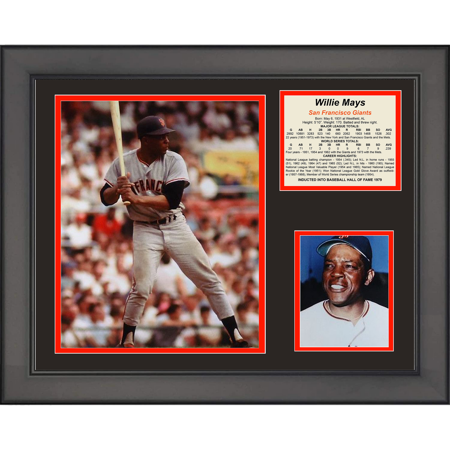 Framed Willie Mays Hall of Fame Baseball 11"x14" Three Photo Collage #2