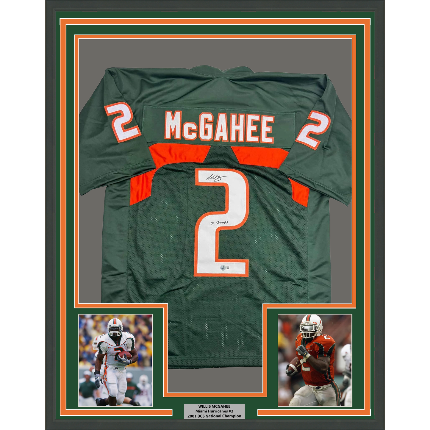 Framed Autographed/Signed Willis McGahee "01 Champs" 35x3 Miami Green College Football Jersey Beckett BAS COA