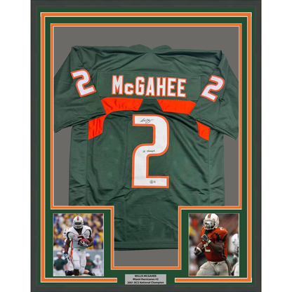 Framed Autographed/Signed Willis McGahee "01 Champs" 35x3 Miami Green College Football Jersey Beckett BAS COA
