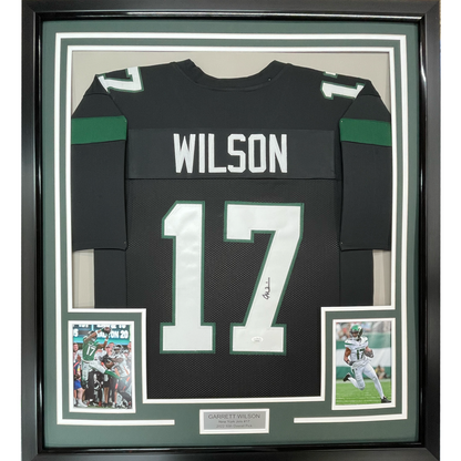 Framed Autographed/Signed Garrett Wilson 35x39 New York Black Football Jersey JSA COA