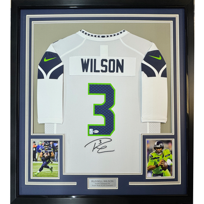 Framed Autographed/Signed Russell Wilson 35x39 Seattle Seahawks White Authentic Football Jersey Beckett BAS COA