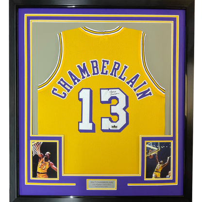 Framed Facsimile Autographed Wilt Chamberlain 35x39 Los Angeles LA Yellow Reprint Laser Auto Basketball Jersey