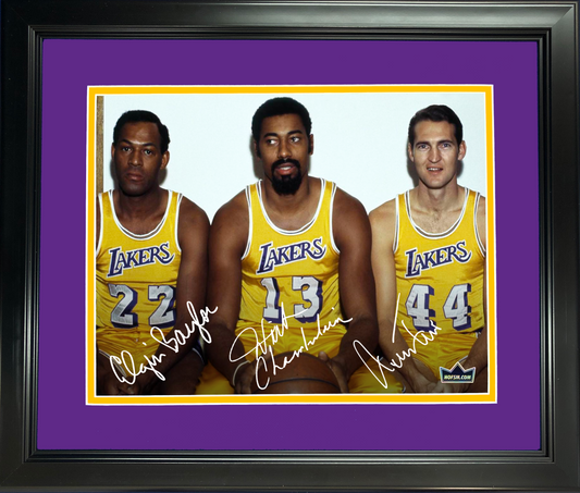Framed Wilt Chamberlain, Jerry West & Elgin Baylor Facsimile Laser Engraved Signature Auto 11"x14" Basketball Photo HOFSM Holo