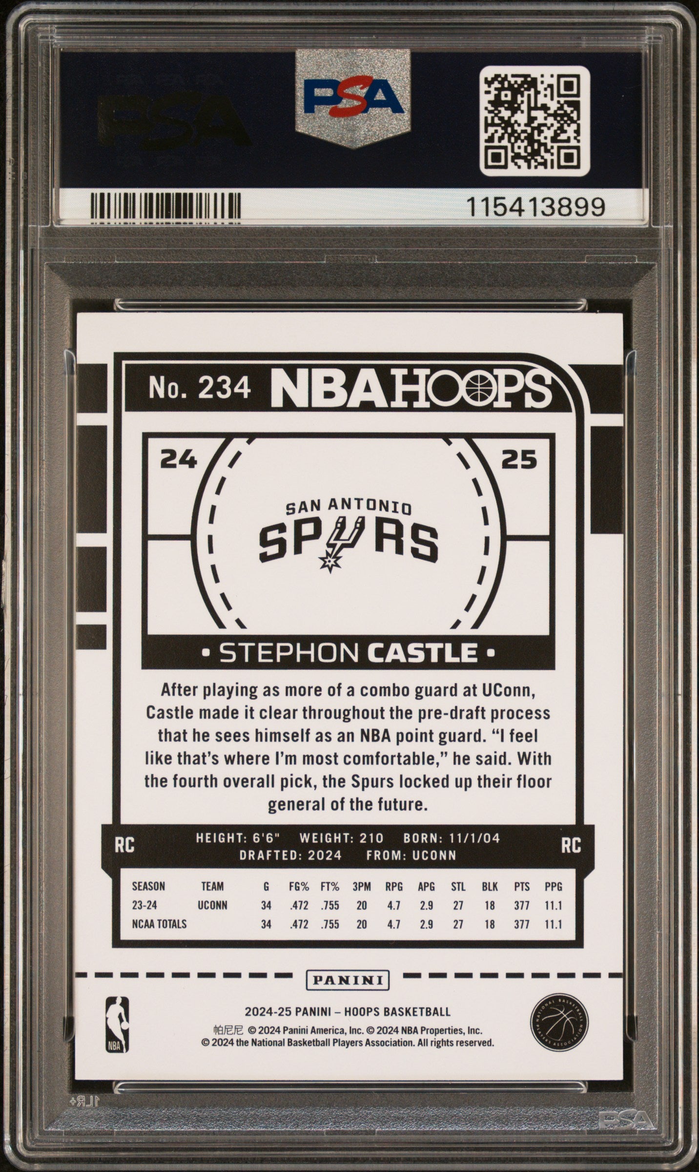 Graded 2024 Panini Hoops Stephon Castle #234 Rookie RC Basketball Card PSA 10 Gem Mint