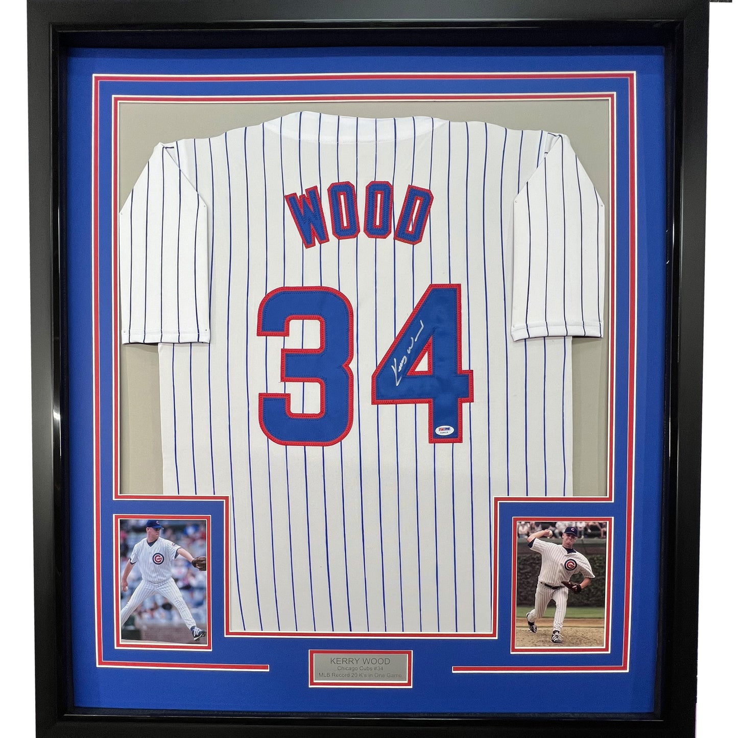 Framed Autographed/Signed Kerry Wood 35x39 Chicago Pinstripe Baseball Jersey PSA/DNA COA