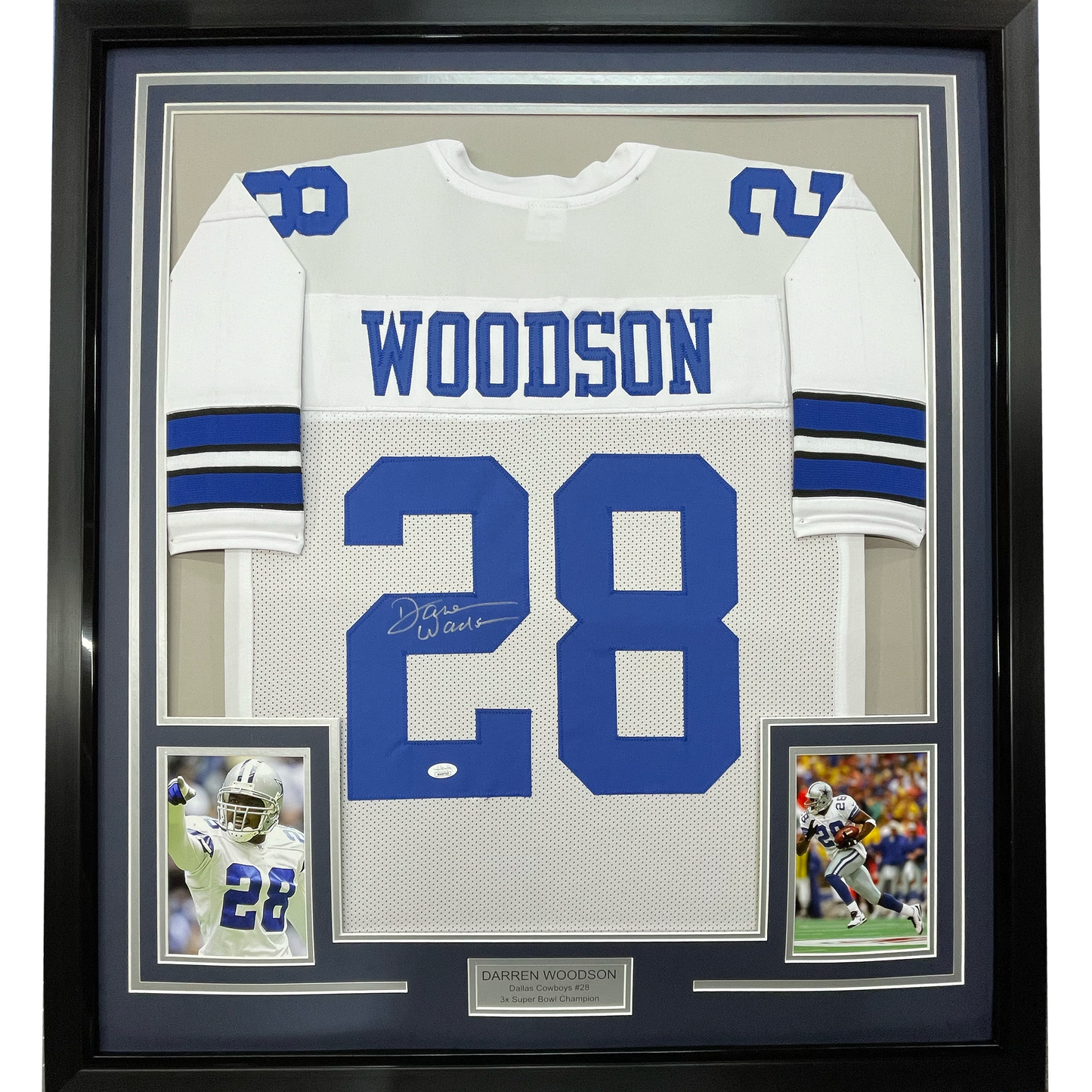 Framed Autographed/Signed Darren Woodson 35x39 Dallas White Football Jersey JSA COA