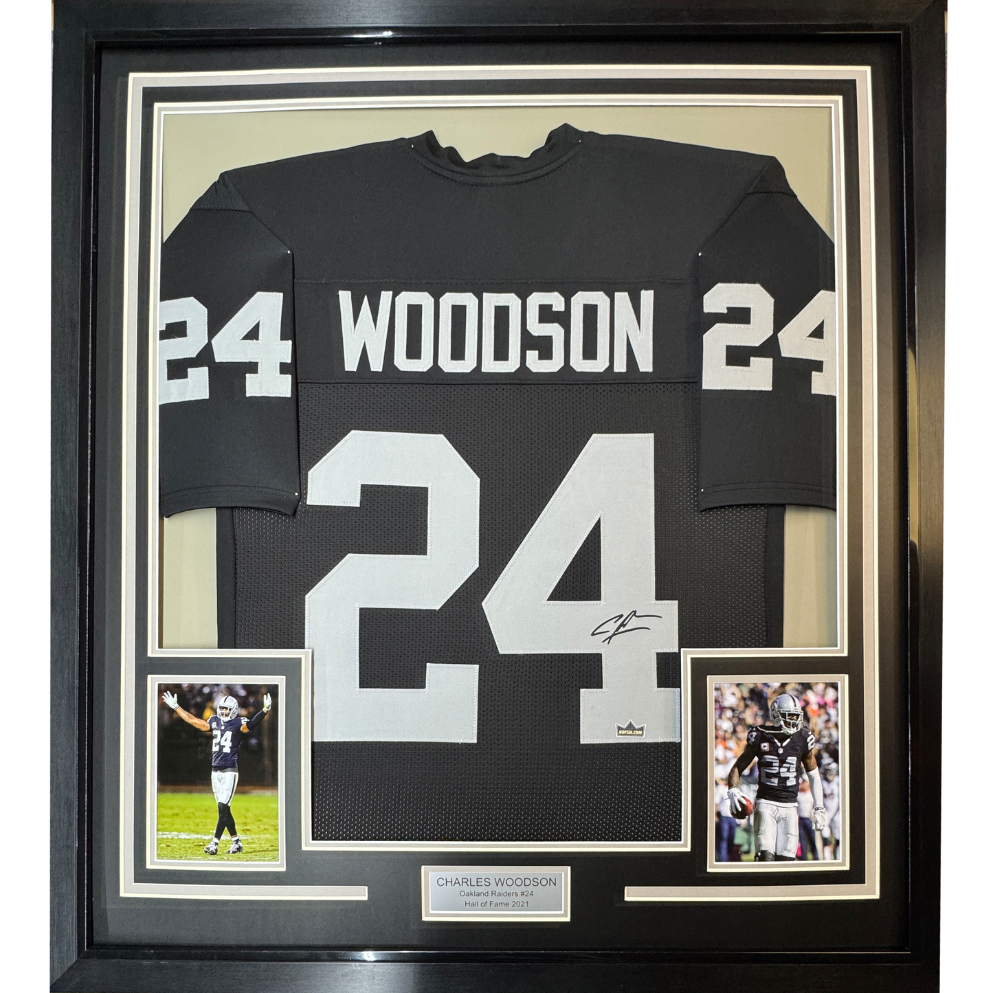 Framed Facsimile Autographed Charles Woodson 35x39 Oakland Las Vegas Black Reprint Laser Auto Football Jersey Size Men's XL