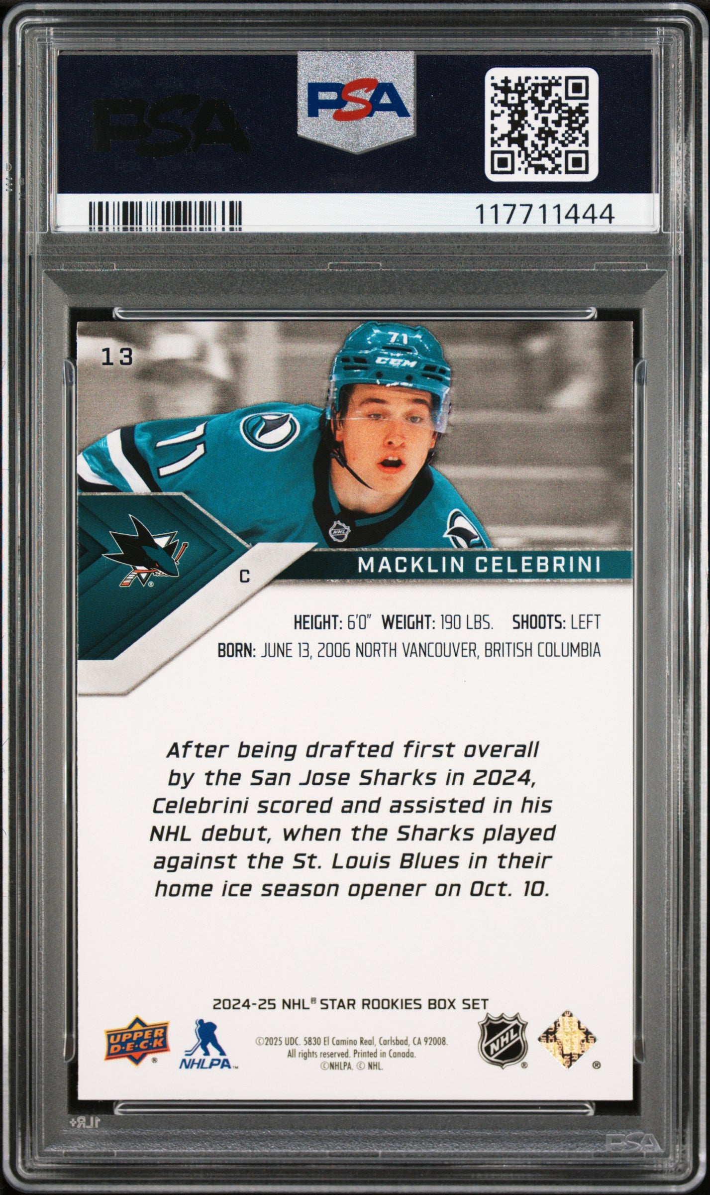 Graded 2024 Upper Deck Star Rookie Macklin Celebrini #13 Box Set Rookie RC Hockey Card PSA 9 Mint