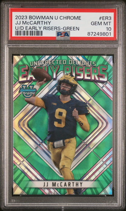 Graded 2023 Topps Bowman U Chrome JJ McCarthy #ER3 UD Early Risers Green /99 Rookie RC Football Card PSA 10 Gem Mint
