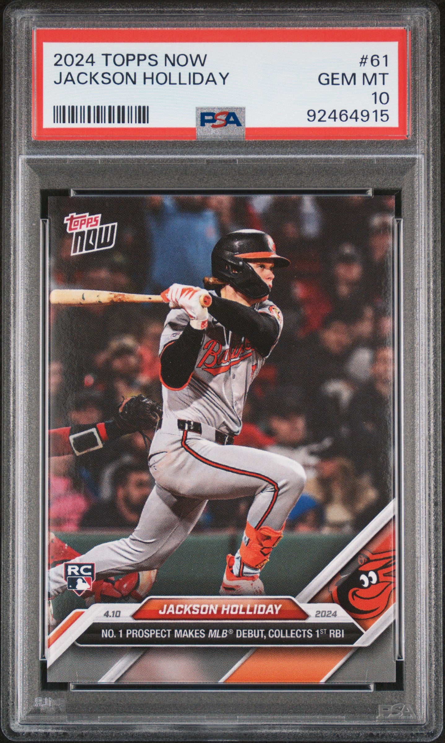 Graded 2024 Topps Now Jackson Holliday #61 Number 1 Prospect Makes MLB Debut, Collects 1st RBI Rookie RC Baseball Card PSA 10 Gem Mint
