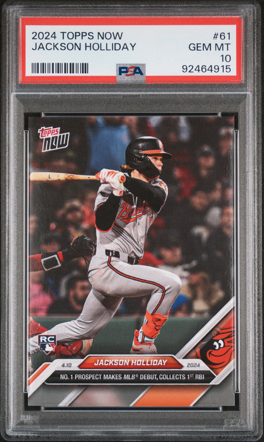 Graded 2024 Topps Now Jackson Holliday #61 Number 1 Prospect Makes MLB Debut, Collects 1st RBI Rookie RC Baseball Card PSA 10 Gem Mint