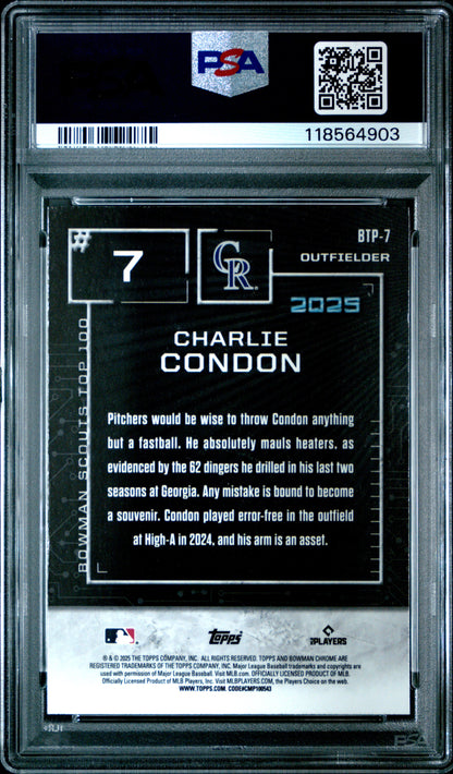 Graded 2025 Topps Bowman Charlie Condon #BTP7 Scouts Top 100 Rookie RC Baseball Card PSA 10 Gem Mint