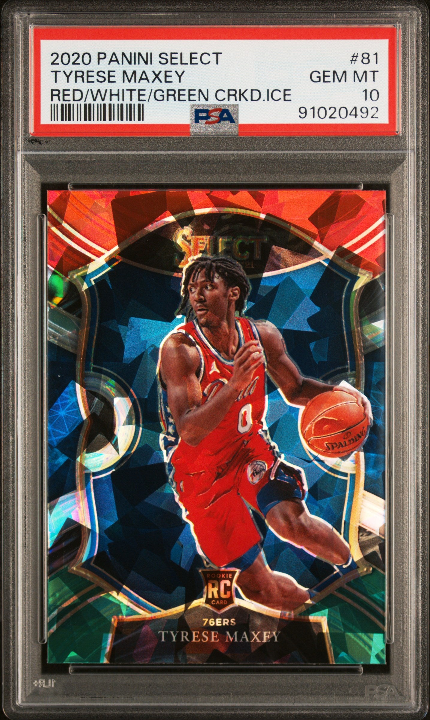 Graded 2020 Panini Select Tyrese Maxey #81 Red/White/Green Cracked Ice Rookie RC Basketball Card PSA 10 Gem Mint