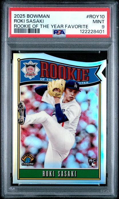 Graded 2025 Topps Bowman Roki Sasaki #ROY10 Rookie of the Year Favorite Rookie RC Baseball Card PSA 9 Mint