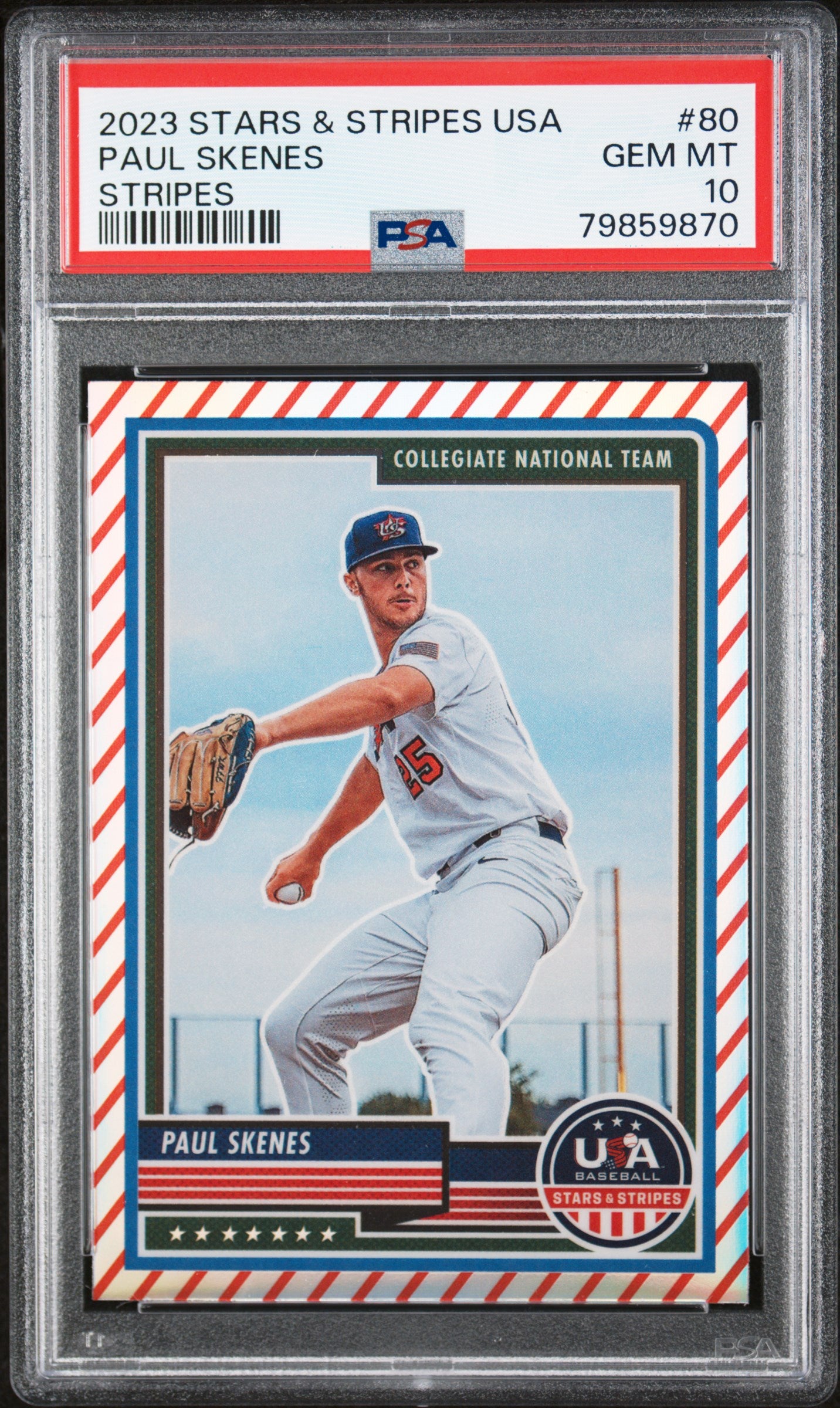 Graded 2023 Panini Stars & Stripes USA Paul Skenes #80 Stripes Rookie RC Baseball Card PSA 10 Gem Mint