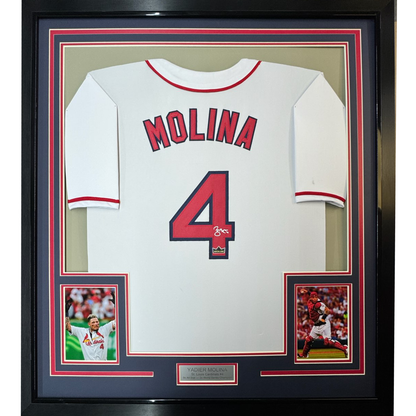 Framed Facsimile Autographed Yadier Molina 35x39 St. Louis White Reprint Laser Auto Baseball Jersey