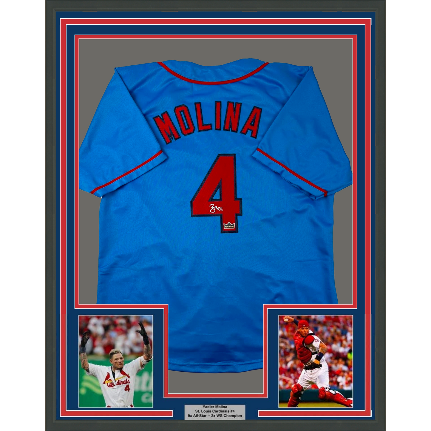 Framed Facsimile Autographed Yadier Molina 35x39 St. Louis Blue Reprint Laser Auto Baseball Jersey