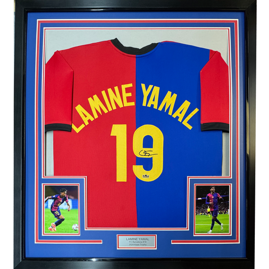 Framed Facsimile Autographed Lamine Yamal 35x39 FC Barcelona Blue/Red Reprint Laser Auto Soccer Jersey