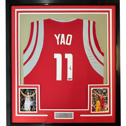 Framed Facsimile Autographed Yao Ming 35x39 Houston Red Reprint Laser Auto Basketball Jersey
