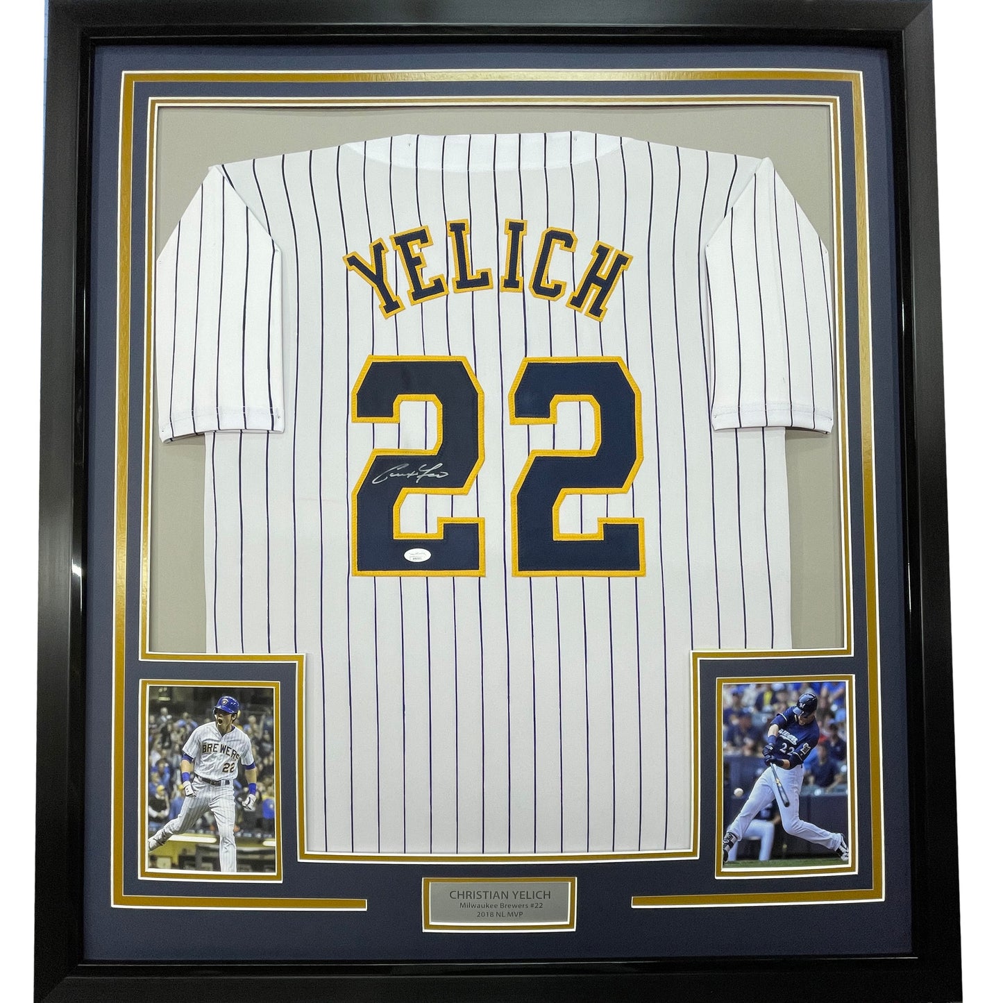 Framed Autographed/Signed Christian Yelich 35x39 Milwaukee Pinstripe Baseball Jersey JSA COA