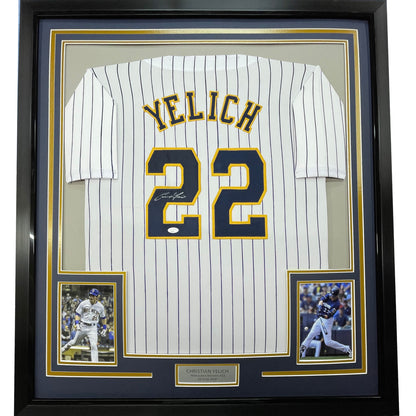 Framed Autographed/Signed Christian Yelich 35x39 Milwaukee Pinstripe Baseball Jersey JSA COA