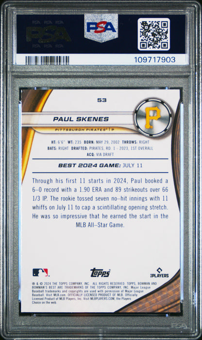 Graded 2024 Topps Bowmans Best Paul Skenes #53 Purple Mojo /250 Rookie RC Baseball Card PSA 10 Gem Mint