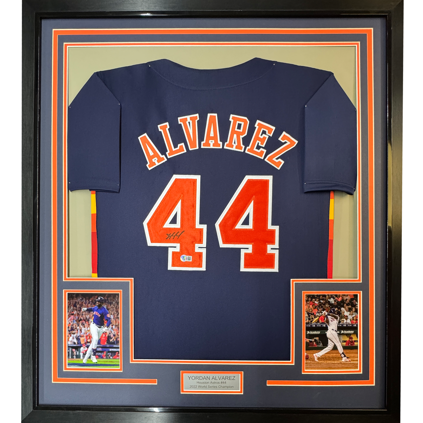 Framed Autographed/Signed Yordan Alvarez 35x39 Houston Blue Baseball Jersey Beckett BAS COA