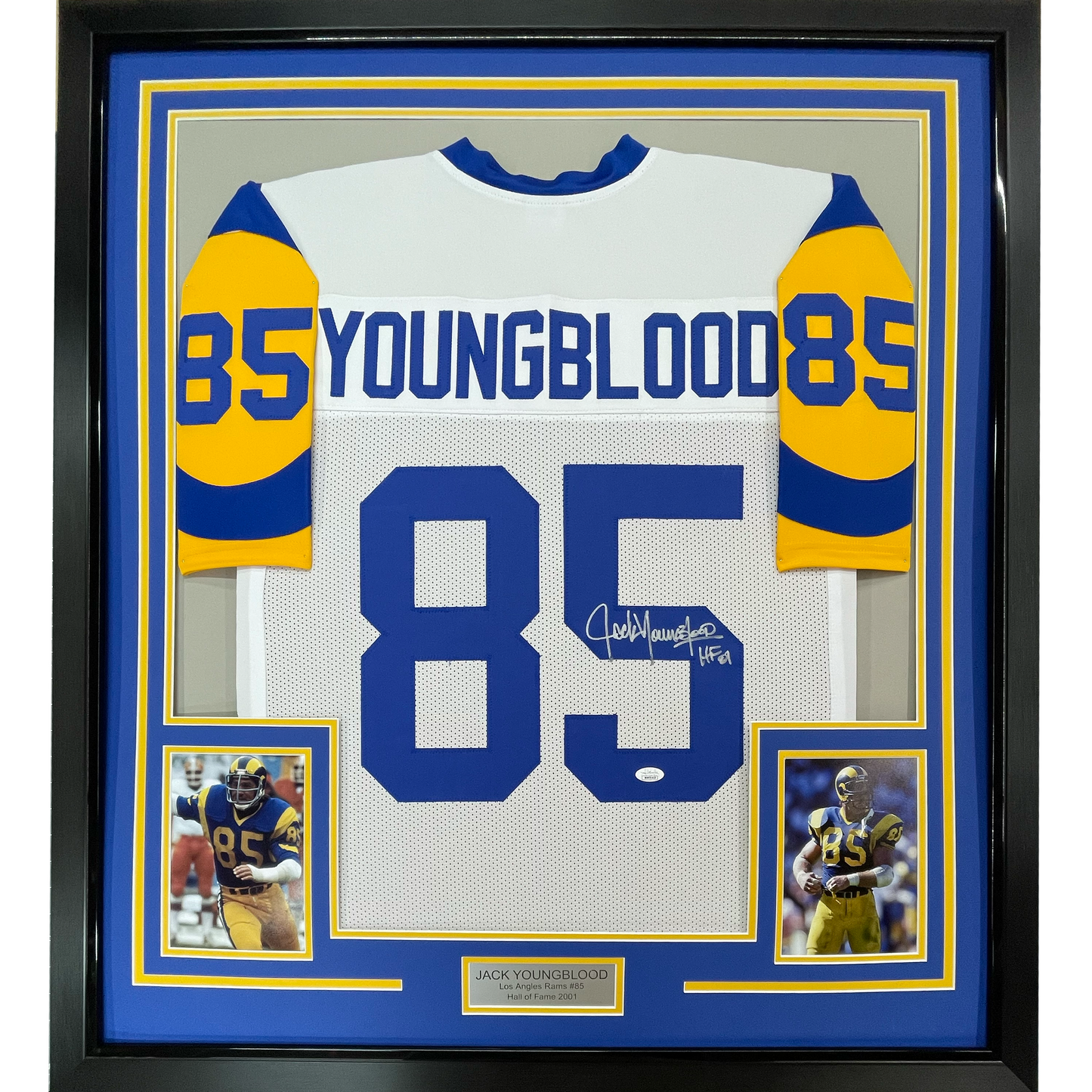 Framed Autographed/Signed Jack Youngblood HOF 01 35x39 Los Angeles LA White Football Jersey JSA COA