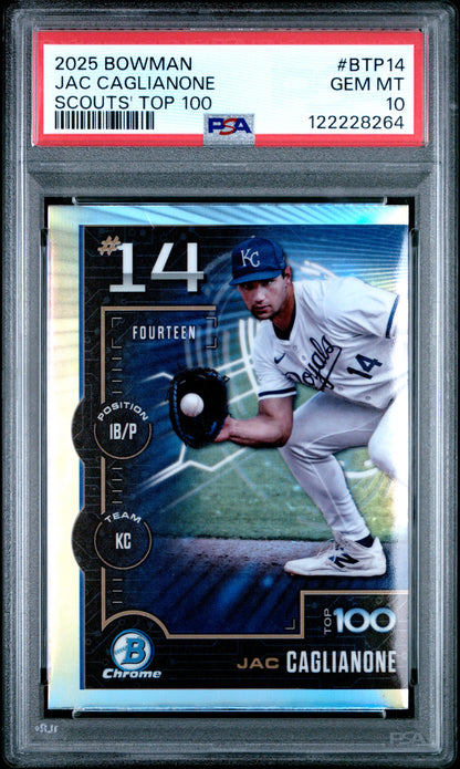 Graded 2025 Topps Bowman Jac Caglianone #BTP14 Scouts Top 100 Rookie RC Baseball Card PSA 10 Gem Mint