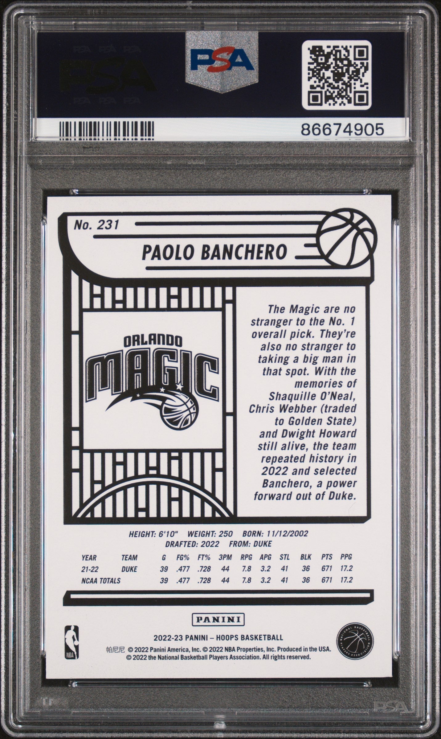Graded 2022 Panini NBA Hoops Paolo Banchero #231 Rookie RC Basketball Card PSA 6 EX-MT