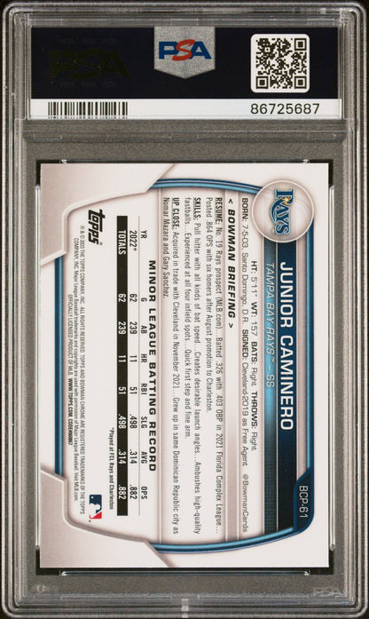 Graded 2023 Topps Bowman Chrome M/B Junior Caminero #61 Chrome Rookie RC Baseball Card PSA 10 Gem Mint