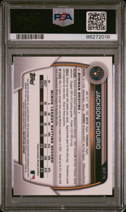 Graded 2023 Topps Bowman Chrome Megabox Jackson Chourio #76 Chrome Rookie RC Baseball Card PSA 10 Gem Mint
