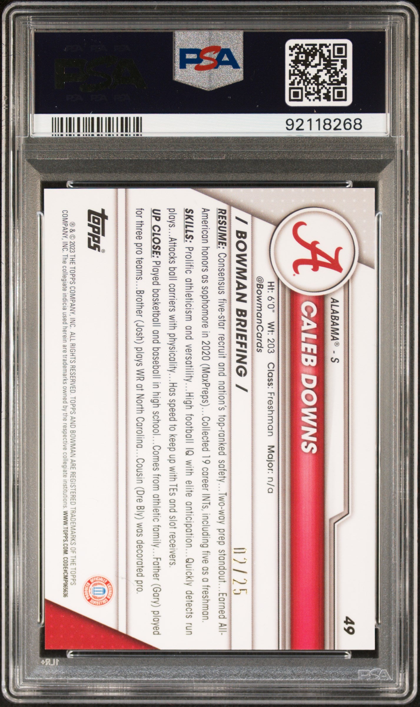 Graded 2023 Topps Bowman U Chrome Caleb Downs #49 Orange Surge #/25 Rookie RC Football Card PSA 10 Gem Mint