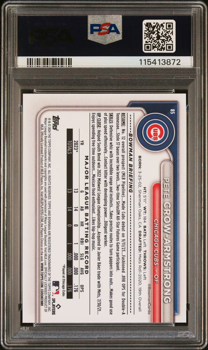Graded 2024 Topps Bowman Pete Crow Armstrong #85 Rookie RC Baseball Card PSA 9 Mint
