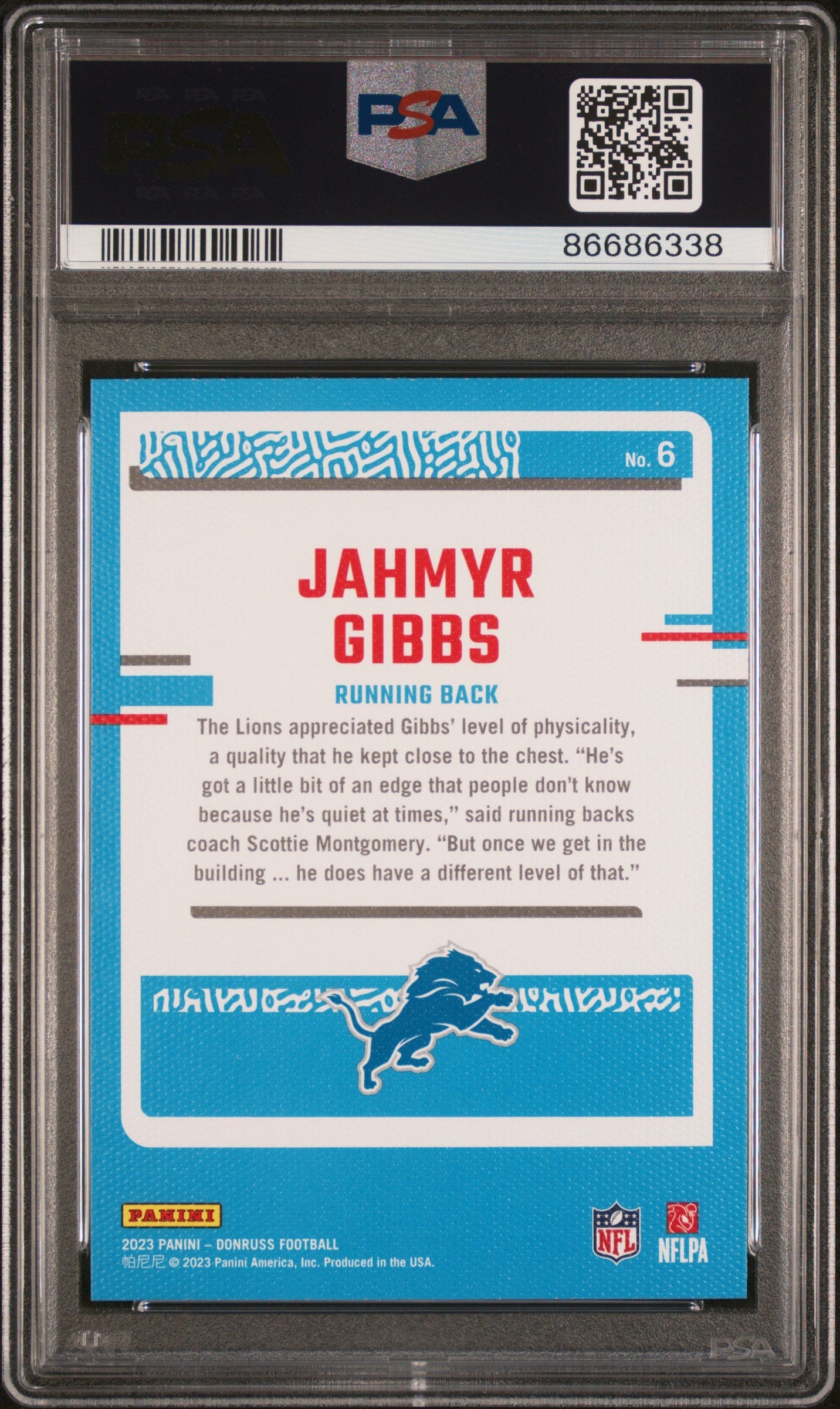 Graded 2023 Panini Donruss Jahmyr Gibbs #6 Rated Rookies Portrait Rookie RC Football Card PSA 10 Gem Mint