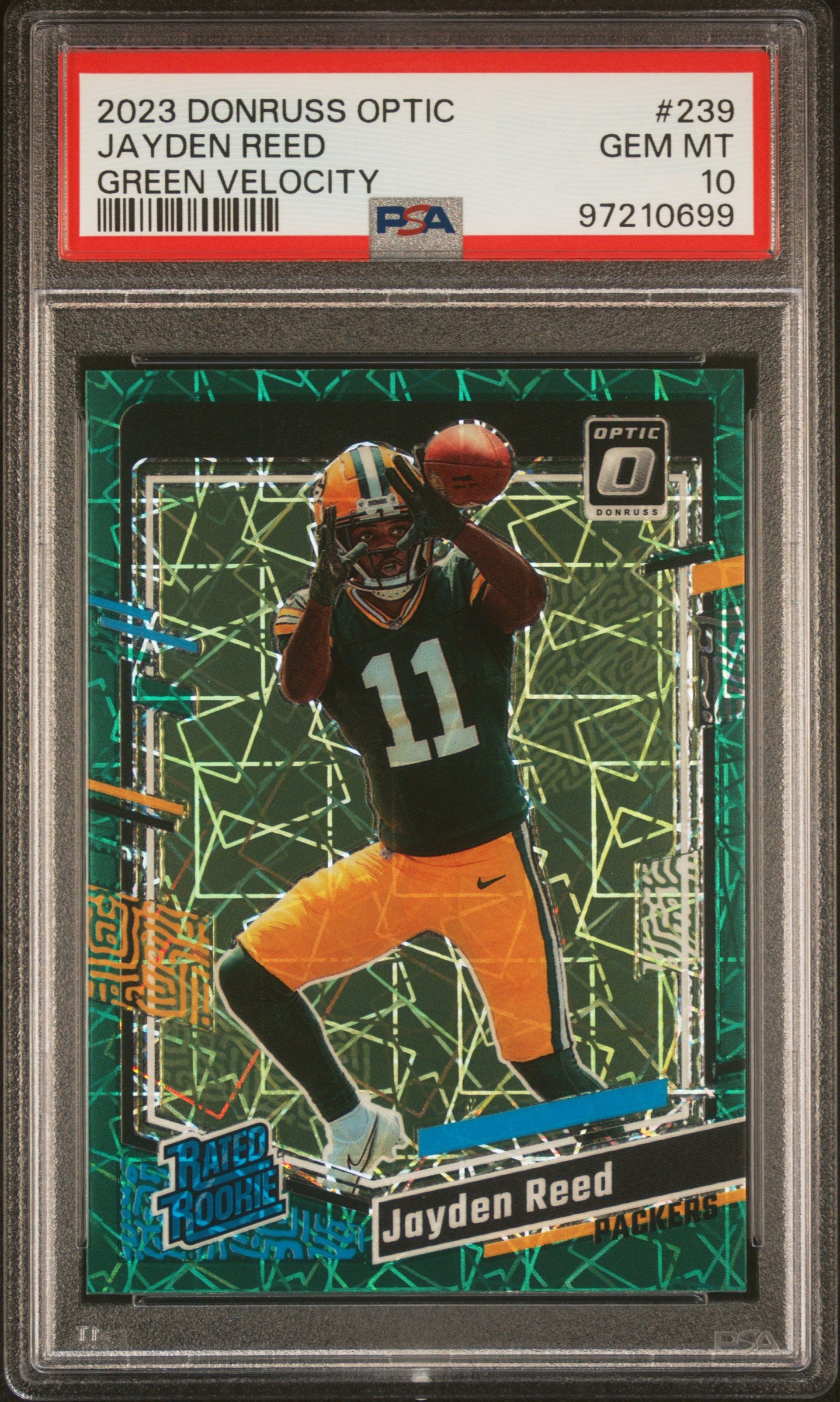 Graded 2023 Panini Donruss Optic Jayden Reed #239 Green Velocity Rookie RC Football Card PSA 10 Gem Mint