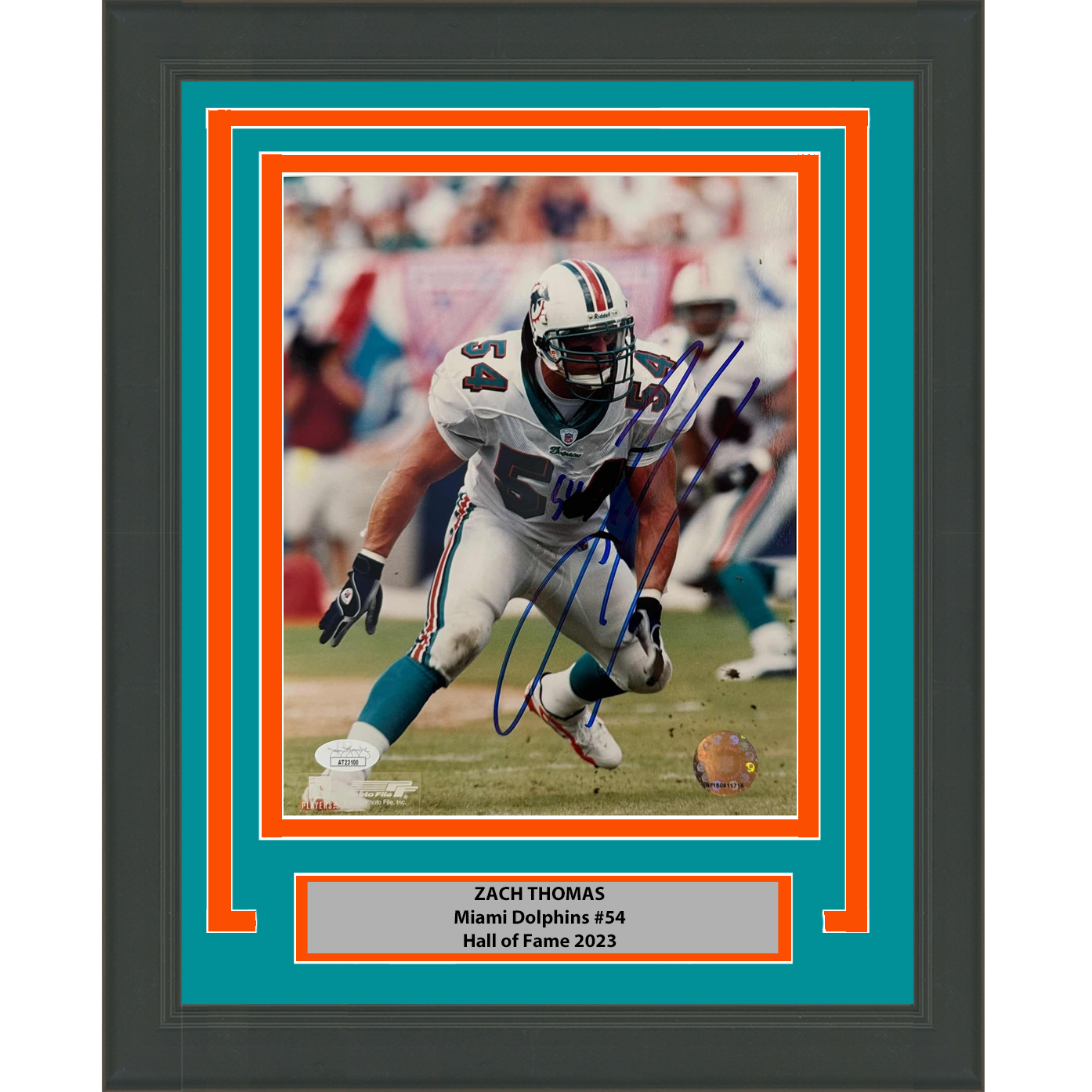 Framed Autographed/Signed Zach Thomas Miami Dolphins 8x10 Football Photo JSA COA #2
