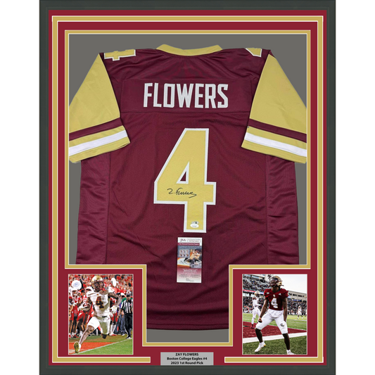 Framed Autographed/Signed Zay Flowers 35x39 Boston College Maroon Football Jersey Beckett BAS COA