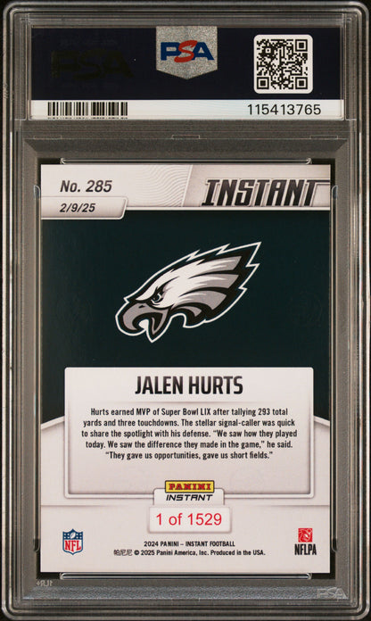 Graded 2024 Panini Instant NFL Jalen Hurts #285 Football Card PSA 9 Mint