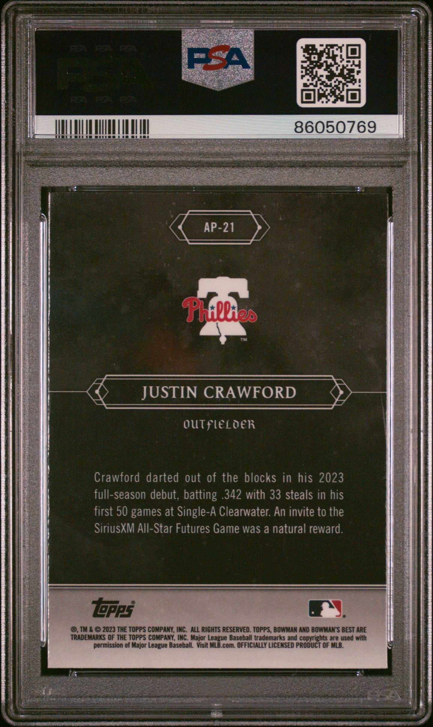 Graded 2023 Topps Bowmans Best Justin Crawford #AP21 Astral Projections Rookie RC Baseball Card PSA 10 Gem Mint