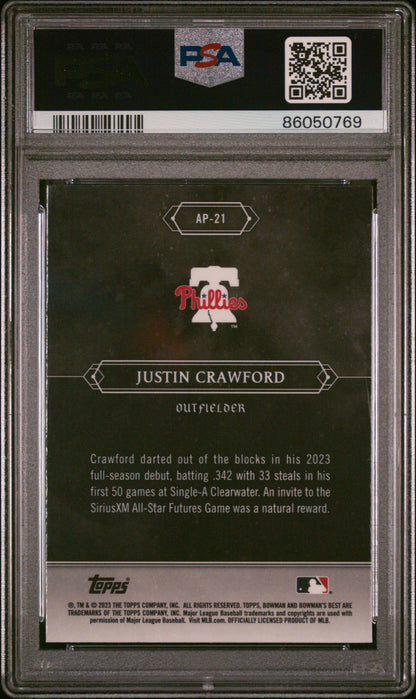 Graded 2023 Topps Bowmans Best Justin Crawford #AP21 Astral Projections Rookie RC Baseball Card PSA 10 Gem Mint