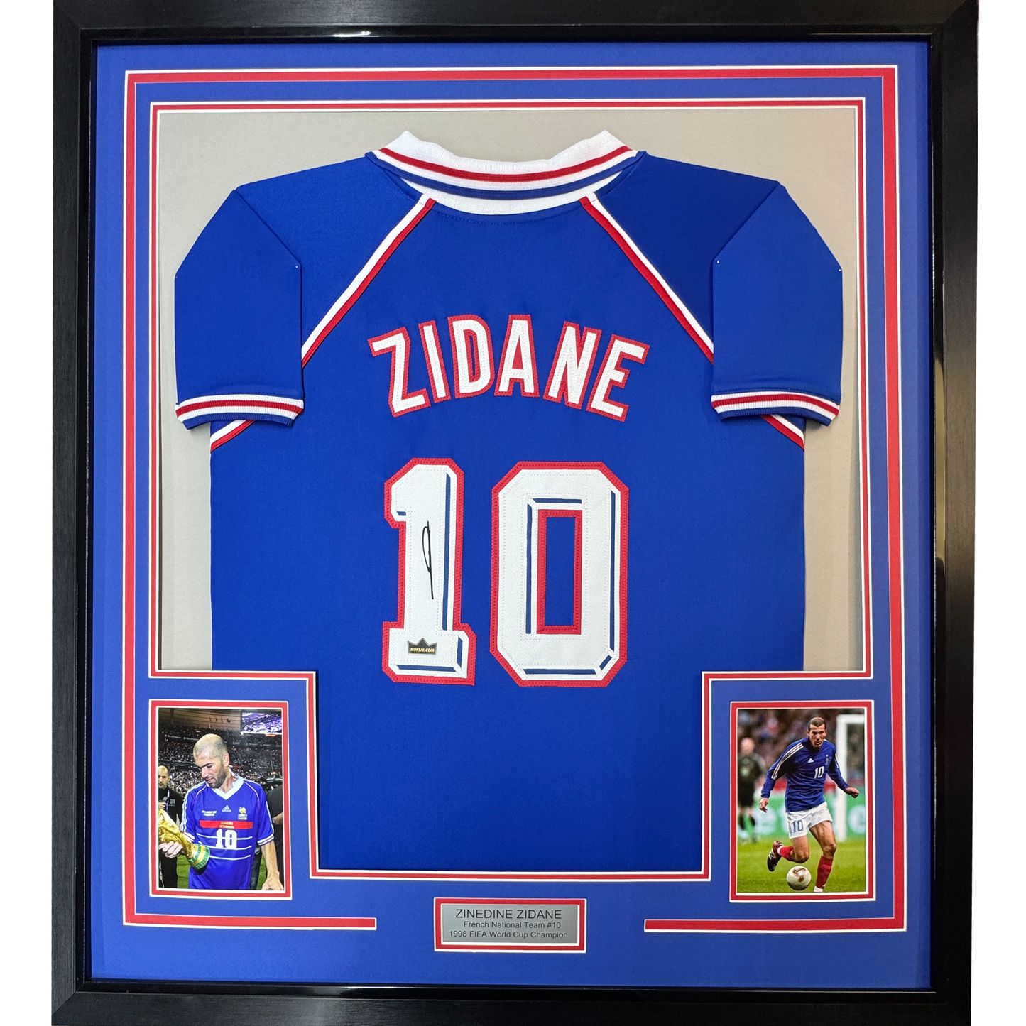 Framed Facsimile Autographed Zinedine Zidane 35x39 France Blue World Cup Reprint Laser Auto Soccer Jersey