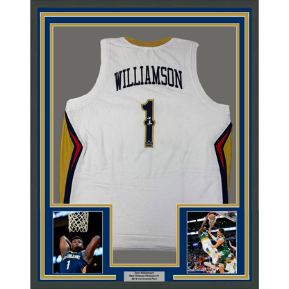 Framed Facsimile Autographed Zion Williamson 35x39 New Orleans White Reprint Laser Auto Basketball Jersey