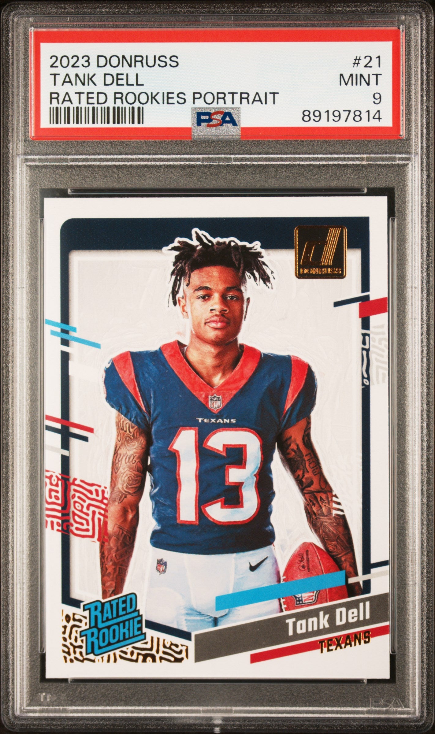 Graded 2023 Panini Donruss Tank Dell #21 Rated Rookies Portrait Rookie RC Football Card PSA 9 Mint