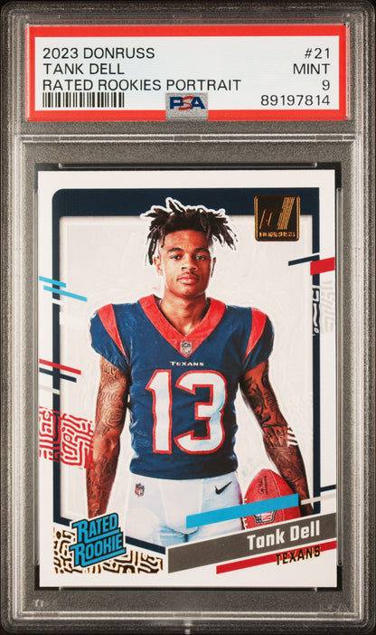 Graded 2023 Panini Donruss Tank Dell #21 Rated Rookies Portrait Rookie RC Football Card PSA 9 Mint