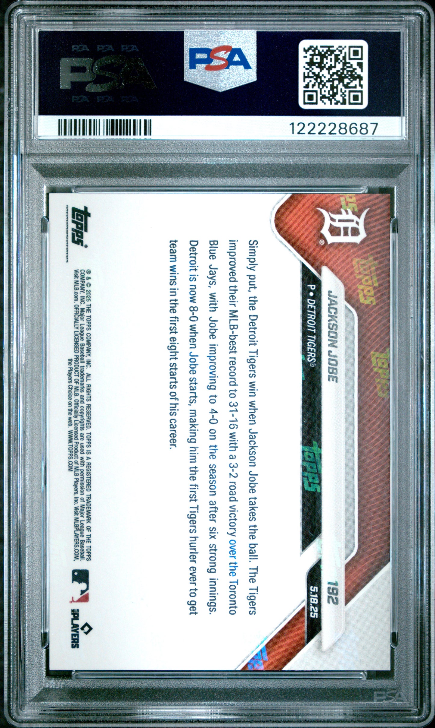 Graded 2025 Topps Now Jackson Jobe #192 Gold Foil /50 Rookie RC Baseball Card PSA 10 Gem Mint