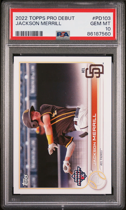 Graded 2022 Topps Pro Debut Jackson Merrill #PD103 Rookie RC Baseball Card PSA 10 Gem Mint