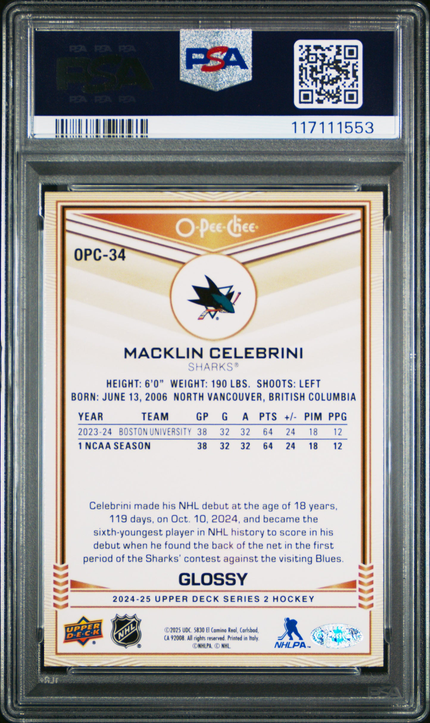 Graded 2024 Upper Deck Macklin Celebrini #OPC34 O-Pee-Chee Glossy Gold Rookie RC Hockey Card PSA 10 Gem Mint