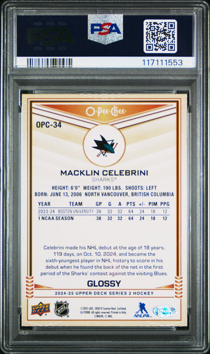 Graded 2024 Upper Deck Macklin Celebrini #OPC34 O-Pee-Chee Glossy Gold Rookie RC Hockey Card PSA 10 Gem Mint
